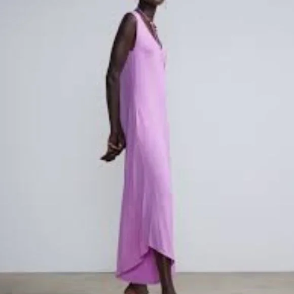 New York & Company Purple Beaded Halter Wide Leg Boho Relaxed Pockets Jumpsuit - Picture 4 of 9